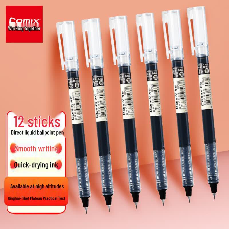 Comix RP625 0.5mm Quick-Dry Direct Liquid Rollerball Pen, Black, 12-Pack
