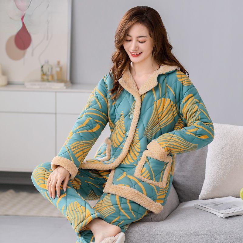 Bunda Pyžamo Dámské Zimní Třívrstvé Teplé Plyšové Zahuštěné Domácí Oblečení Neformální Středního Věku Mladé Pyžamo Set
