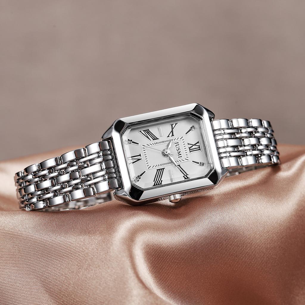 Fashion Light Luxury Square Roman Dial with Steel Strap for Women Quartz Watch for Christmas and Halloween Gifts