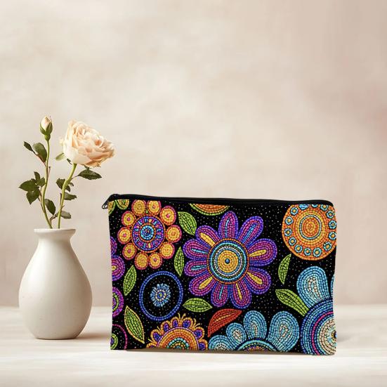 Makeup Bag, with Smooth Black Zipper, Colorful Pattern Printed, Large Capacity Canvas Storage Bag, for Travel Cosmetic Coin Key