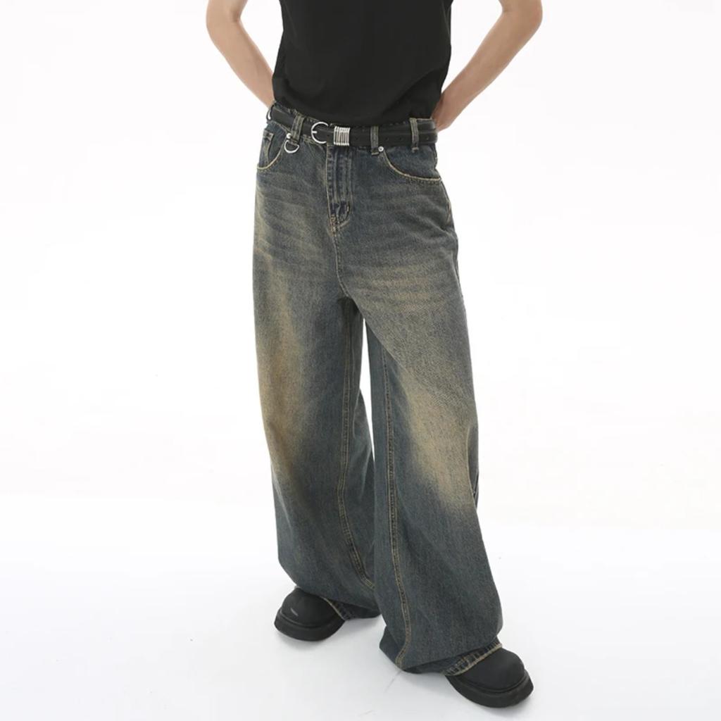 Men's Denim Pants Old Blue Washed Male Jeans Straight Casual Menwear Loose Wide Leg Trousers New Fashion