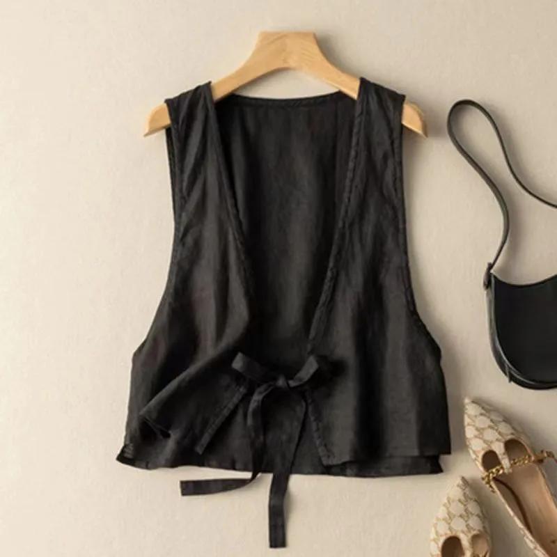 Women's Summer Literary Retro Ethnic Style Vest Solid Color Thin Section Loose Lapel Tie Top