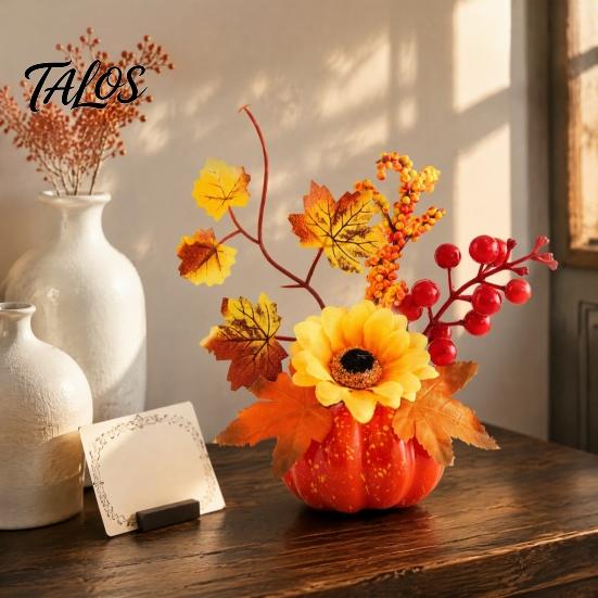 Indoor Decorative Harvest Fruit Fall Artificial Pumpkin Table Centerpiece, Autumn Fake Decoration with Sunflowers, for Desk Maple Leaves Berries
