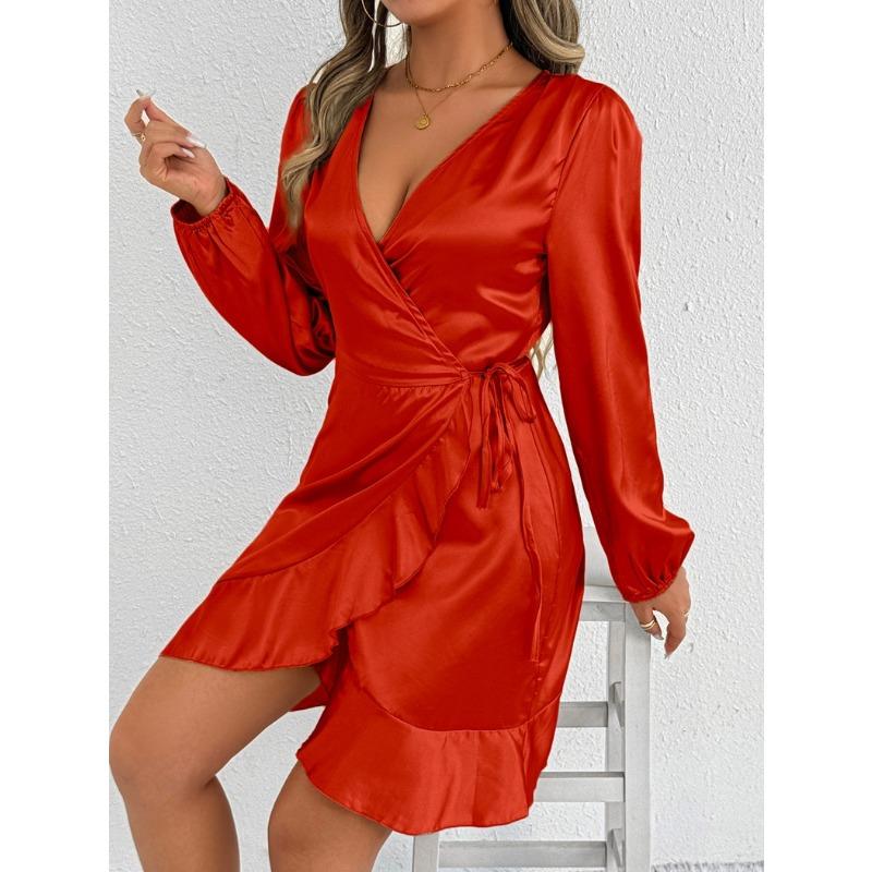 Women Satin Royal Blue Wrap V Neck Ruffle Hem Long Sleeve Mini Dress