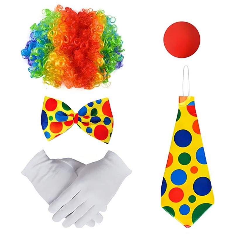 Komplettes Clown-Performance-Outfit Regenbogen-Perücke Fliege mit Accessoires für Themenveranstaltung und Rollenspiel Cosplay Kostüm