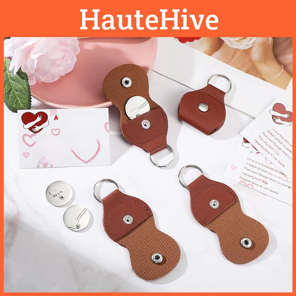 Stylish Brown Pu Leather Double-sided Key Ring With Motivational Pocket Token Gift