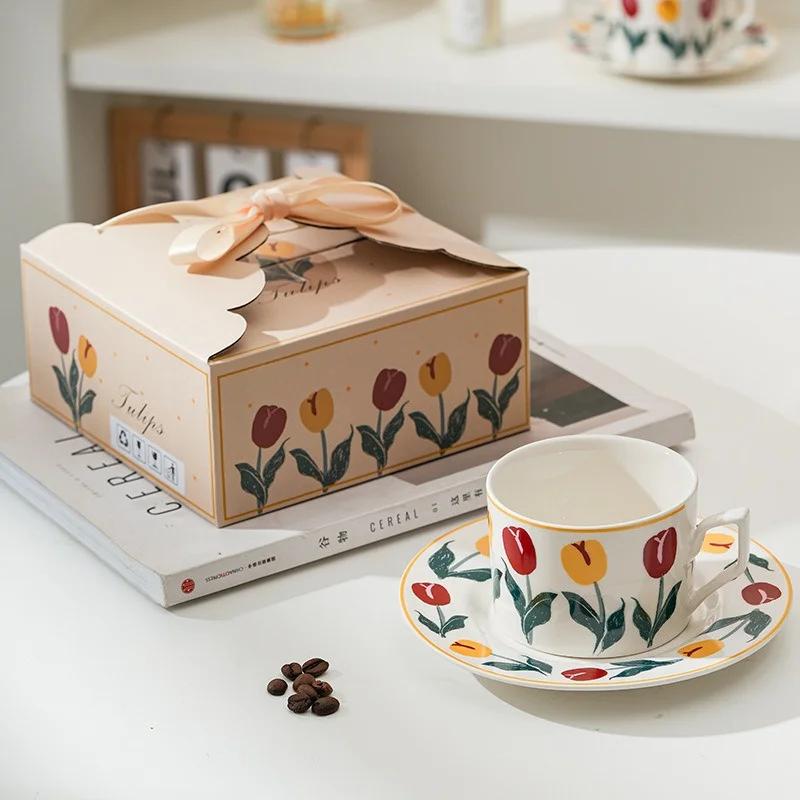 Retro Tulip Flower Coffee Cup with Saucer Ins Style Hand-painted Art Ceramic Mug and Dish Milk Tea Cappuccino Drink Cup Gifts