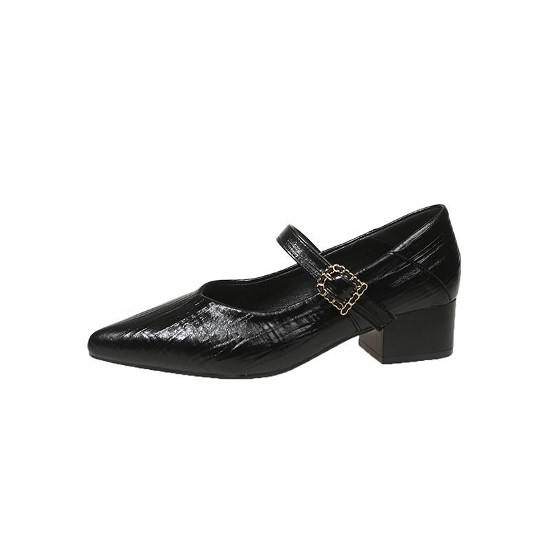 2026 New Simple French Temperament Pointed Toe Shallow Mouth Single Shoes Women's One-word Buckle Strap Low-heeled Shoes