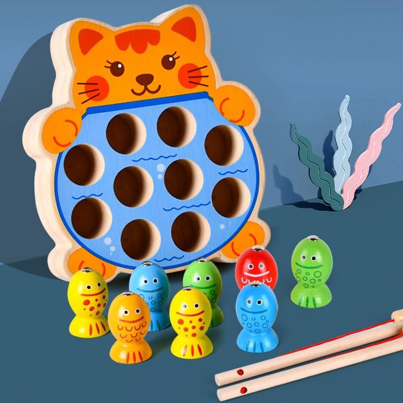 Magnetic Wooden Cartoon Dinosaur Kitten Frog Fishing Table Games Baby Brain Parent-Child Toys