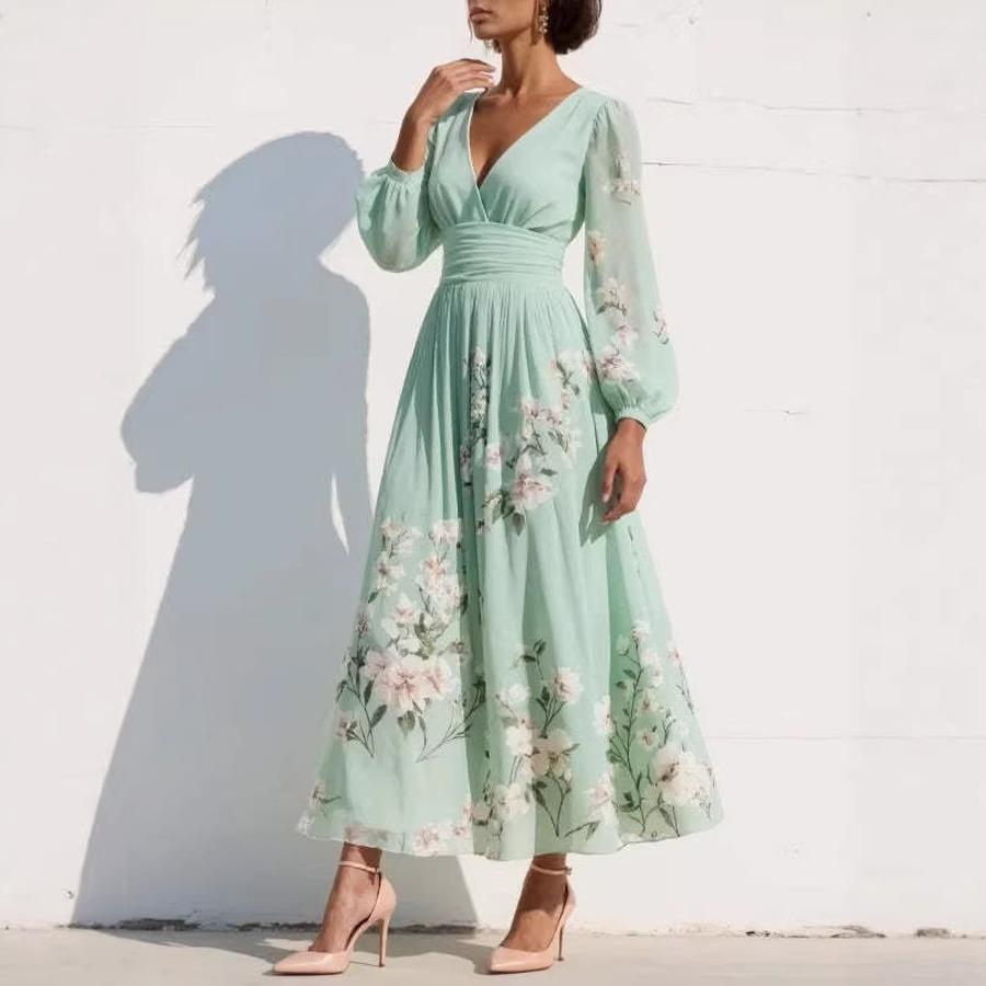 New Style Snow Flake Spring Long Sleeve Ruffled Dress for Women