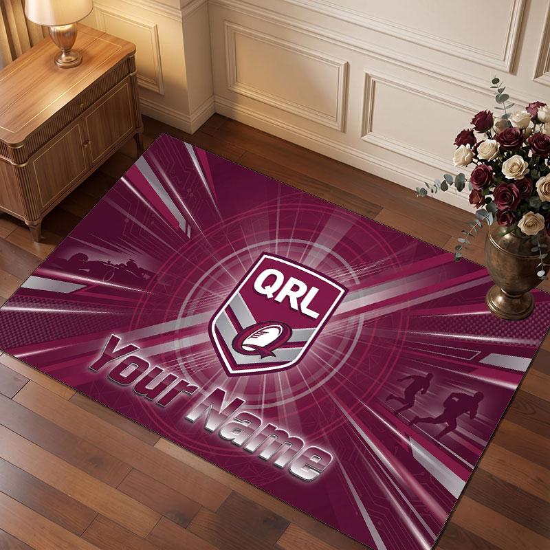 Personalisierter Kristall-Samt-Teppich der Queensland Maroons, Weicher Anti-Rutsch-Teppich mit individuellem Namens-Text für Wohnzimmer, Schlafzimmer