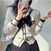 Red sweater women's spring and autumn fashion new chic coat women's Hong Kong flavor trendy bow knitted sweater women