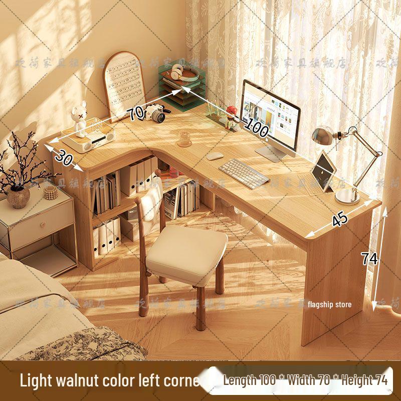 Compact Corner Computer Desk with Integrated Bookshelf & Vanity for Bedroom or Home Office