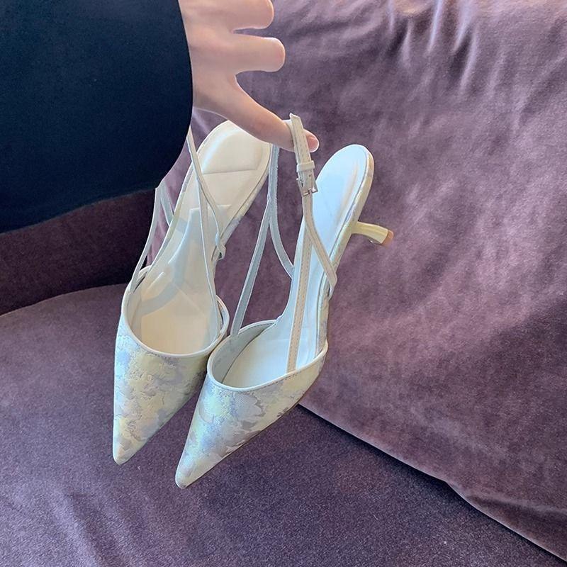 

Босоножки-баотоу на высоком каблуке Женские 2025 Весна Новые Китайская вышивка Серые Остроносые Тонкий каблук Открытая пятка Французский темперамент Одинарные туфли 39 зелёный