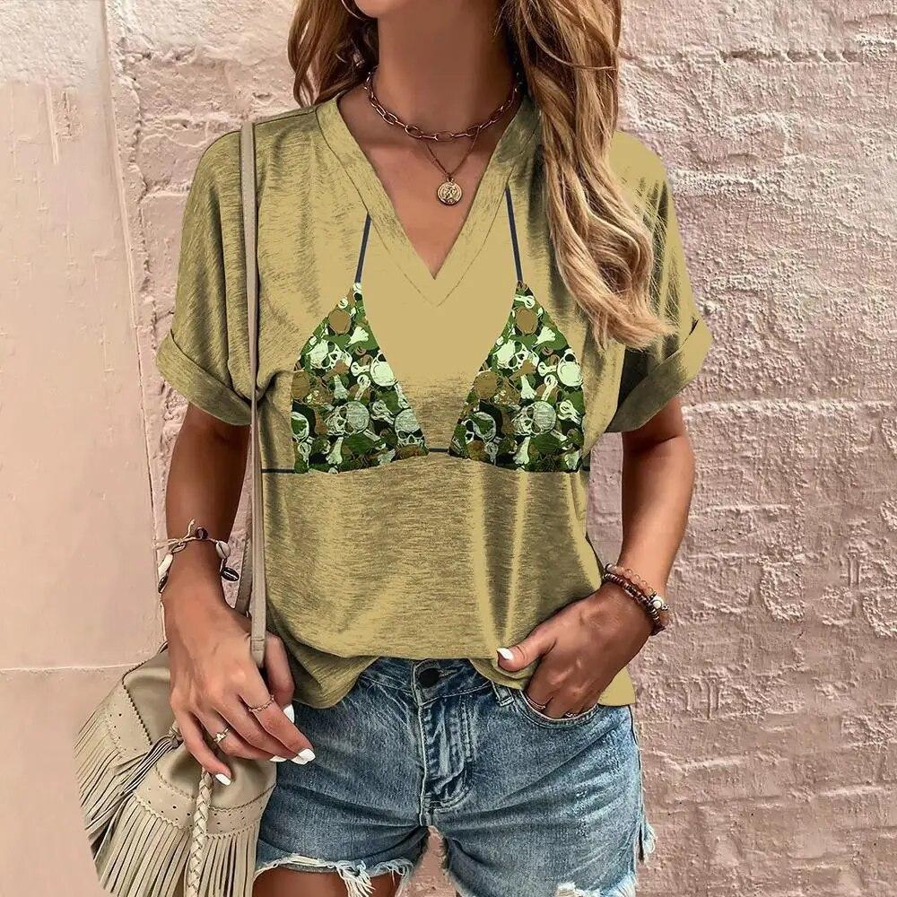 Summer Funny Bikini 3D Print T-shirts Women Casual Fashion Streetwear Short Sleeve V-Neck T Shirt Harajuku Tees Tops Clothing