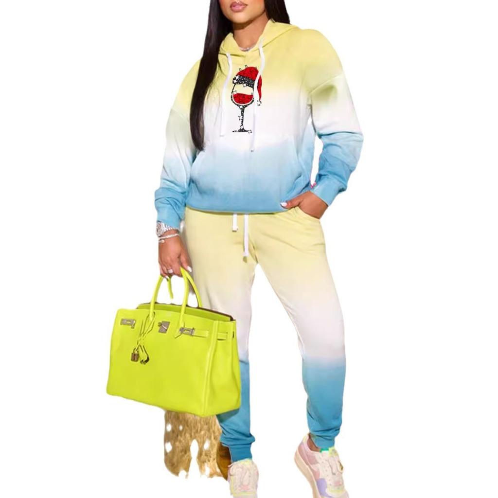 Flame splicing European and American autumn and winter casual long-sleeved suit women's hooded sweater trousers two-piece set
