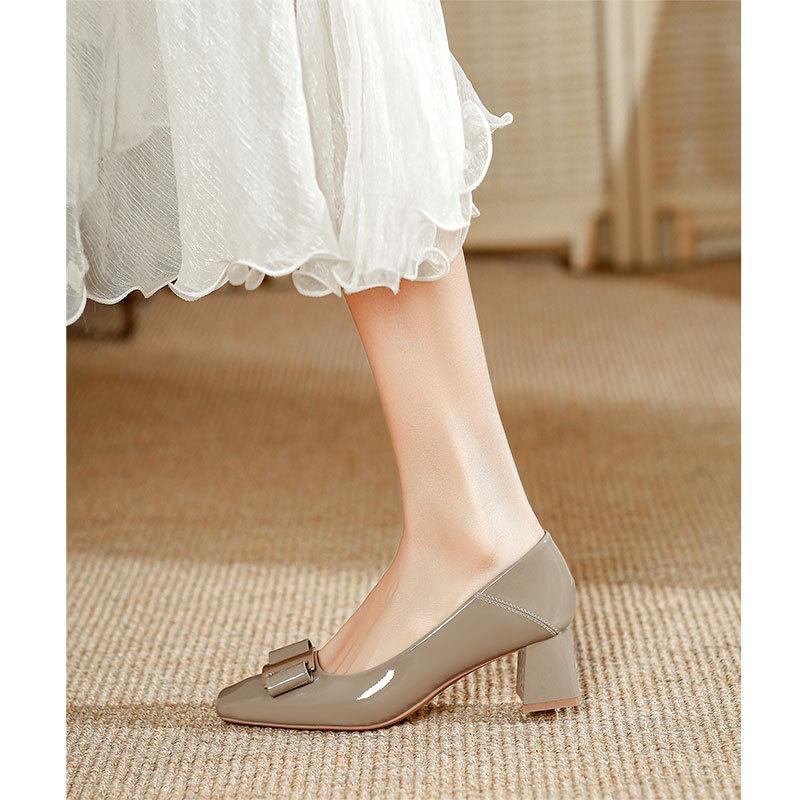White High Heels Thick Heel Not Tired Feet 2025 New Versatile Women's Shoes Shallow Mouth Square Head Shoes Patent Leather Middle Heel Single Shoes