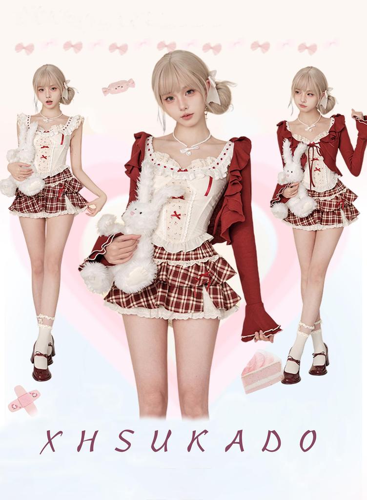 XHSUKADO Christmas and Mini Skirt with Lace Long and Ruffles for a French Tiered Red and Size Women's 3-Piece Set Cardigan, Vest, Ribbons. Sleeves,