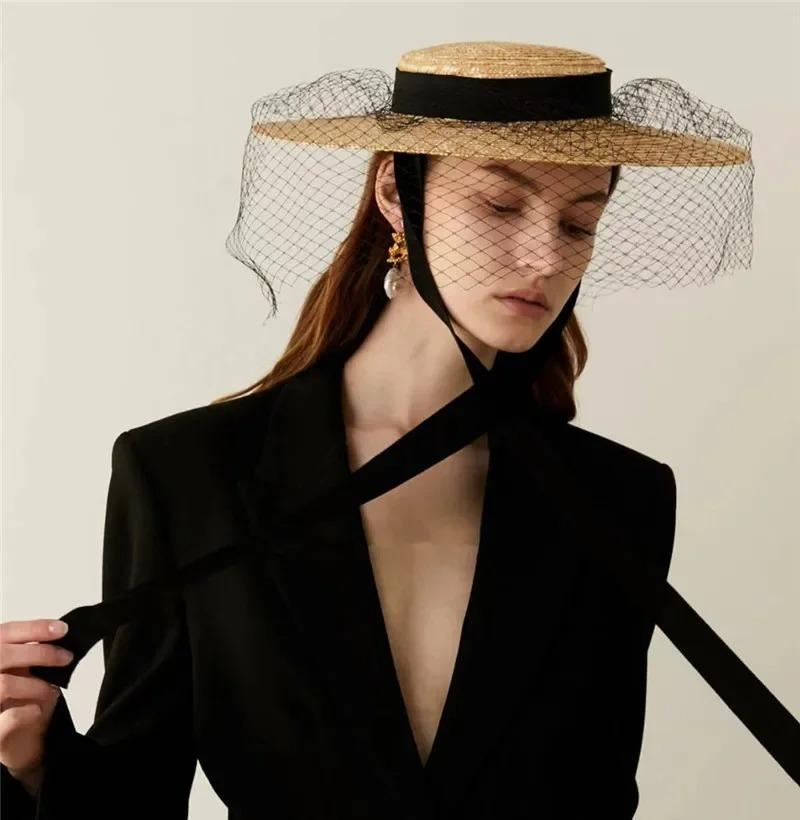 Summner Wheat Straw Handmade Woven Sun Hats for Women Long Ribbon Mesh Fashion Holiday Panama Lady Sun Cap Vacation Leisure Hat