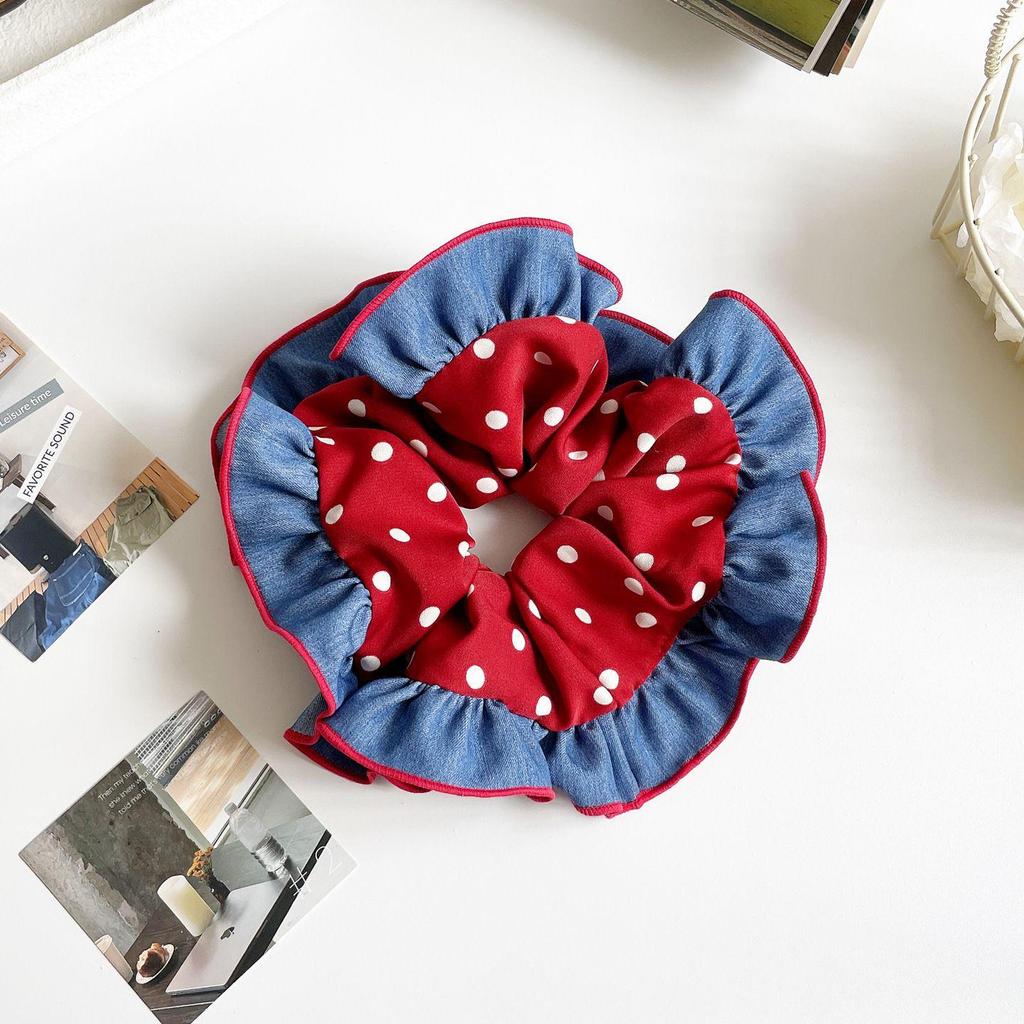Korean Style Double-Layer Polka Dot Denim Scrunchie Hair Tie