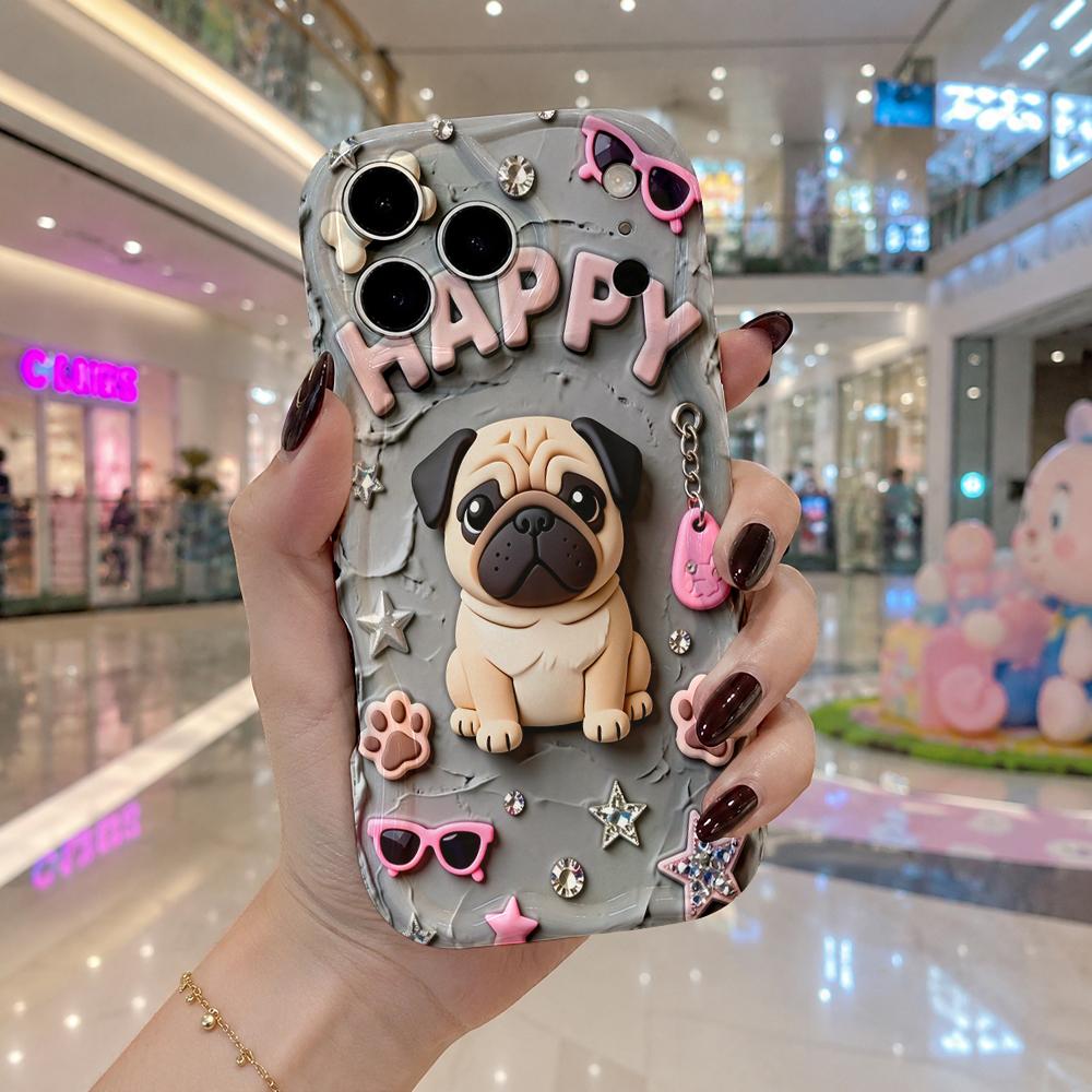 Pug HAPPY Letter Sunglasses Star Wavy Edge Phone Case for iPhone 17 16 15 14 13 12 11 8 7 Plus Pro Max Funny Dog