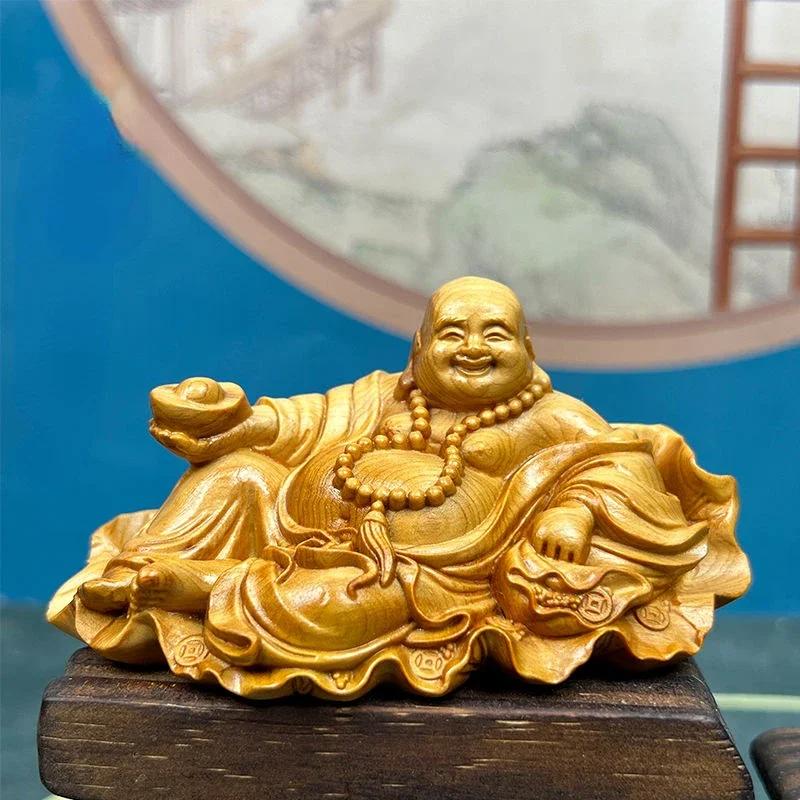 Attrahera Rikedom Maitreya Buddha Klippcipress Träsnideri Yuanbao Bilprydnad