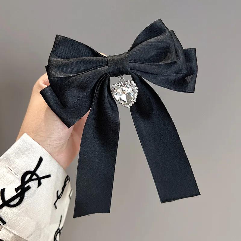 New Women's Rhinestone Heart Tassel Bow Tie Korean Style Versatile Suit Shirt Collar Flower Hair Clip Dual-purpose Accessory