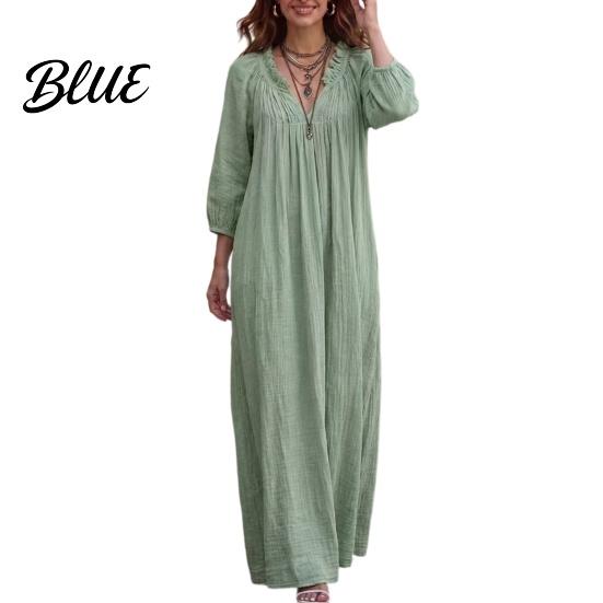 Casual V Neck Dresses Bohemian Ruffle V-Neck Long Dress, 3/4 Sleeves Maxi Dress for Women, Solid Color Loose Spring Fall Soft