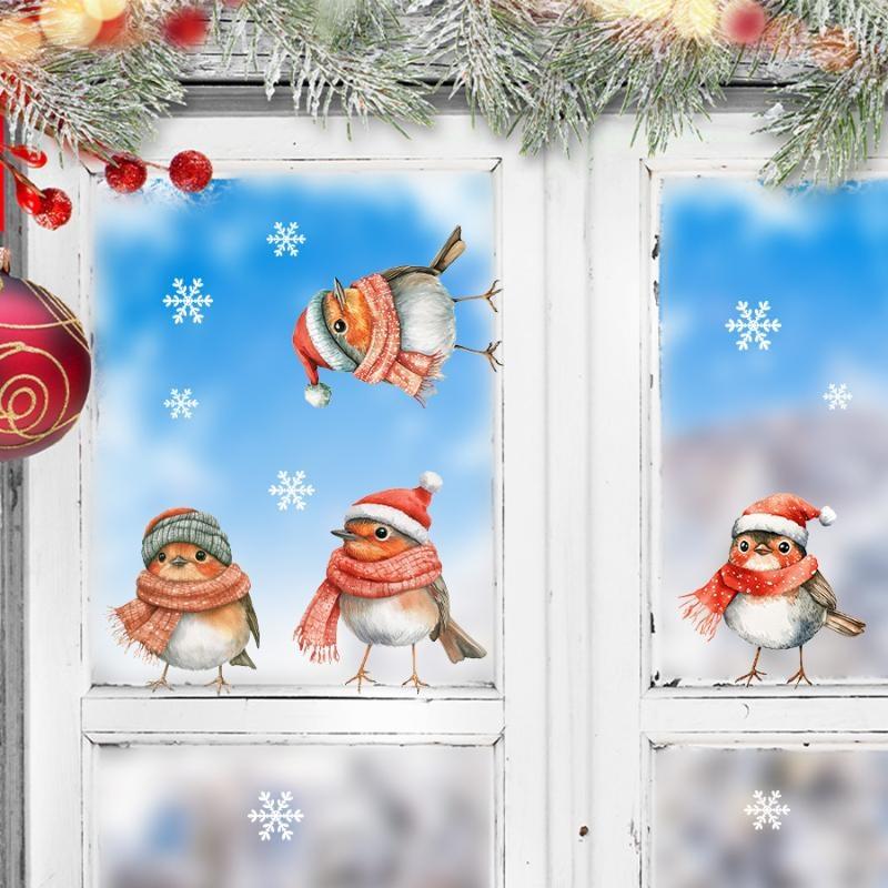 Christmas Robin Window Stickers Snowflake Winter Pattern Removable for Xmas Family Party Indoor Glass Decor