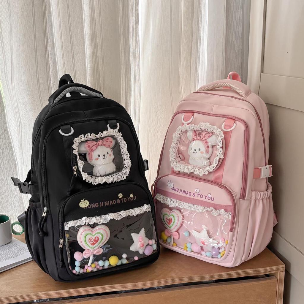 Süßer Farbblock Ita Rucksack für Junior- und Highschool-Mädchen - Transparent, Großes Fassungsvermögen, Dekompressionsdesign, Ins-Stil