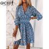 QICED Summer Floral Print Mini Dresses Women Vintage Sexy A-Line V-Neck Half Sleeve Party Dress Female Casual Elegant Beach Dress
