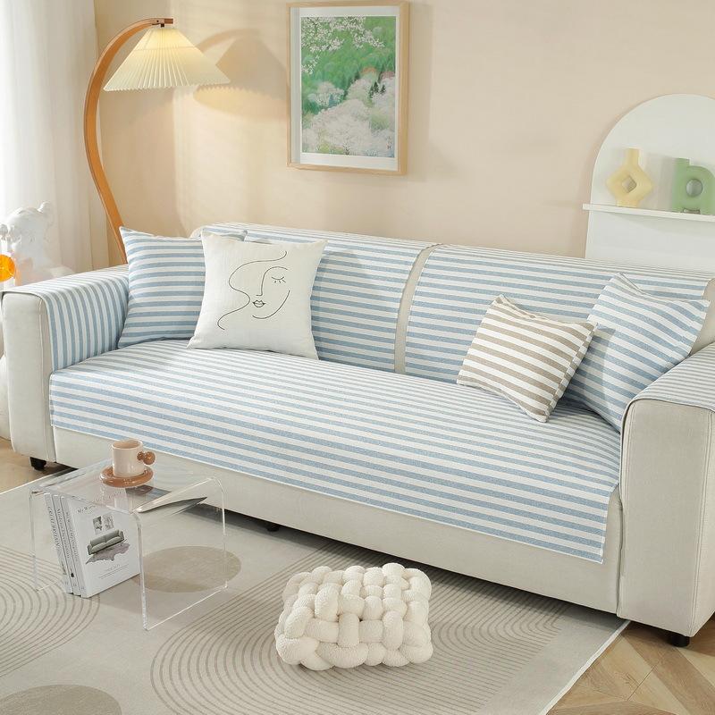 Short Plush Sofa Cover Striped Non-Slip Sofa Cushion Thickened Living Room Sofa Cushion Simple Sofa Backrest Armrests Soft