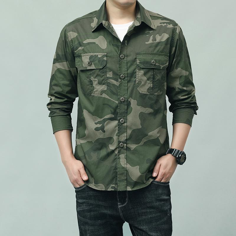 Spring and Autumn Camouflage Long Sleeved Pure Cotton Workwear Shirt for Men, Dual Pocket Versatile Casual Military Youth Outdoor Shirt