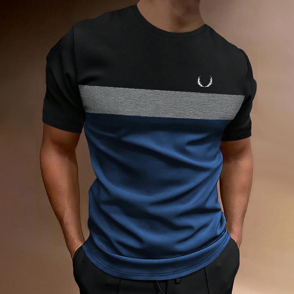 Fashion Men's Color Blocking Printed T-Shirt Casual Street Male Crew Neck Short Sleeve T Shirt Large Size Menswear Clothing