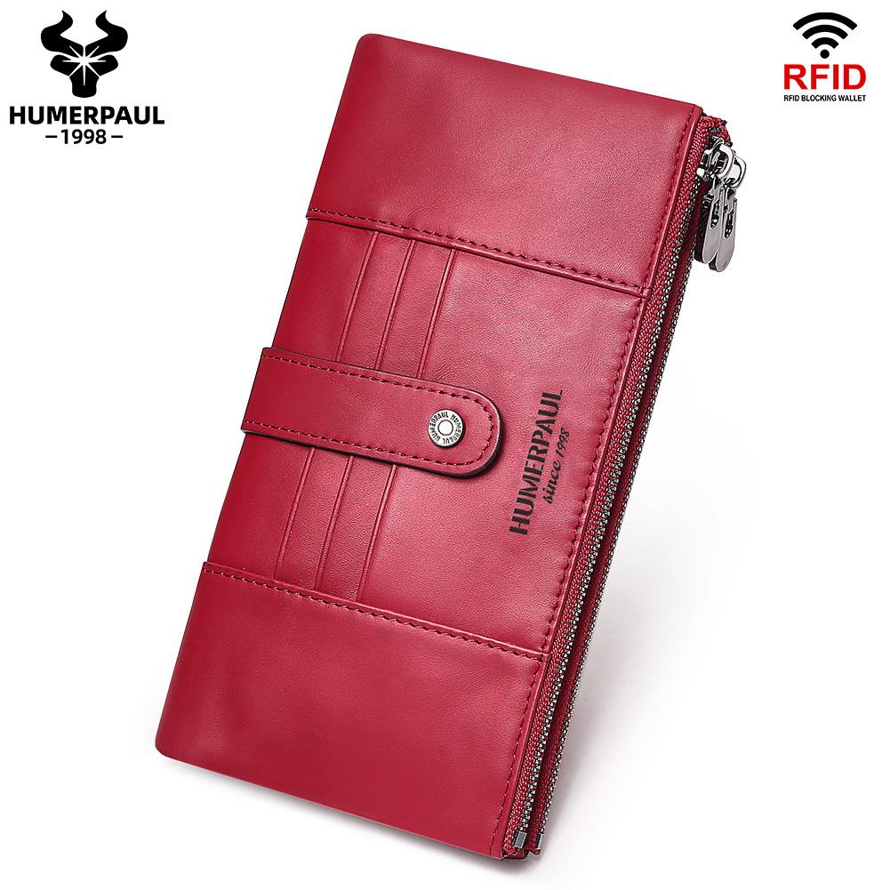 HUMERPAUL Women leather wallet, hand-held wallet, large-capacity, multi-function, first-layer cowhide wallet, folding coin purse красный