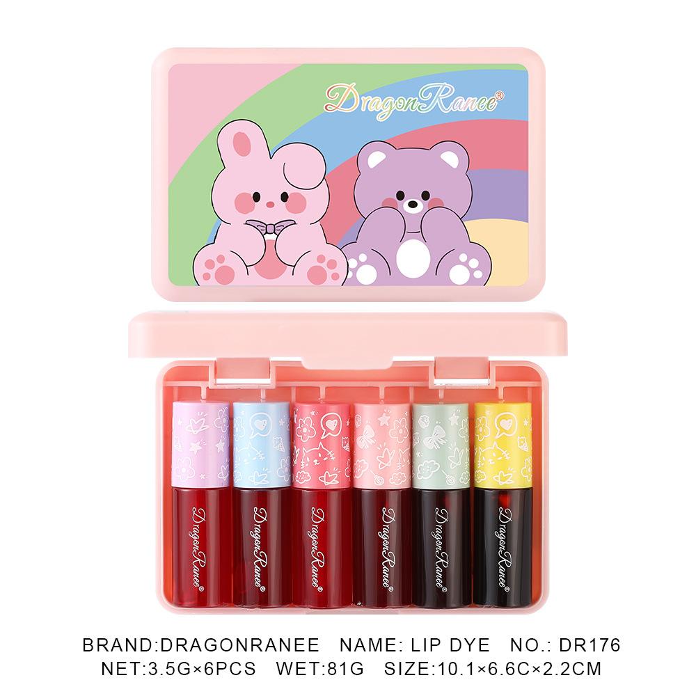 Dragon Ranee Rainbow Bear 6-delt farget lipglosssett - Fuktighetsgivende, glansfull, langvarig, leppeolje med fargeeffekt, speilglans, byggbar farge