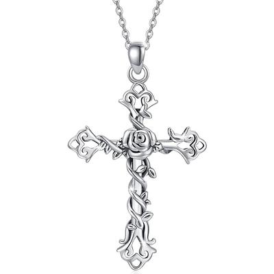 Metallic Cross With Rose Pendant, Hollow Flower Necklace Halloween Gift