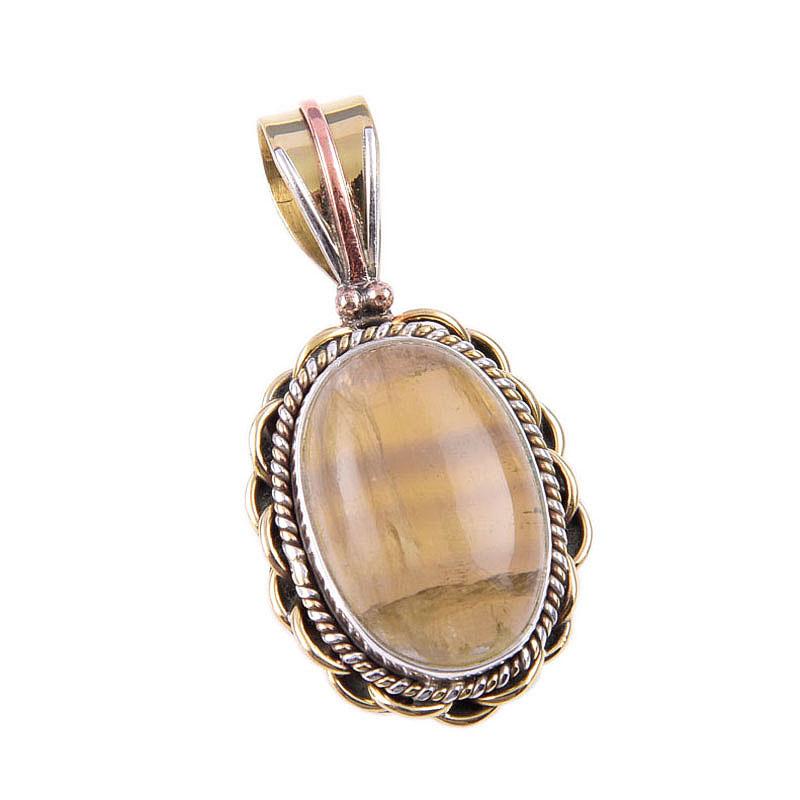 Pendente Bicolore in Argento Sterling Massiccio 925 con Pietra Naturale di Fluorite 1,50" R0e02