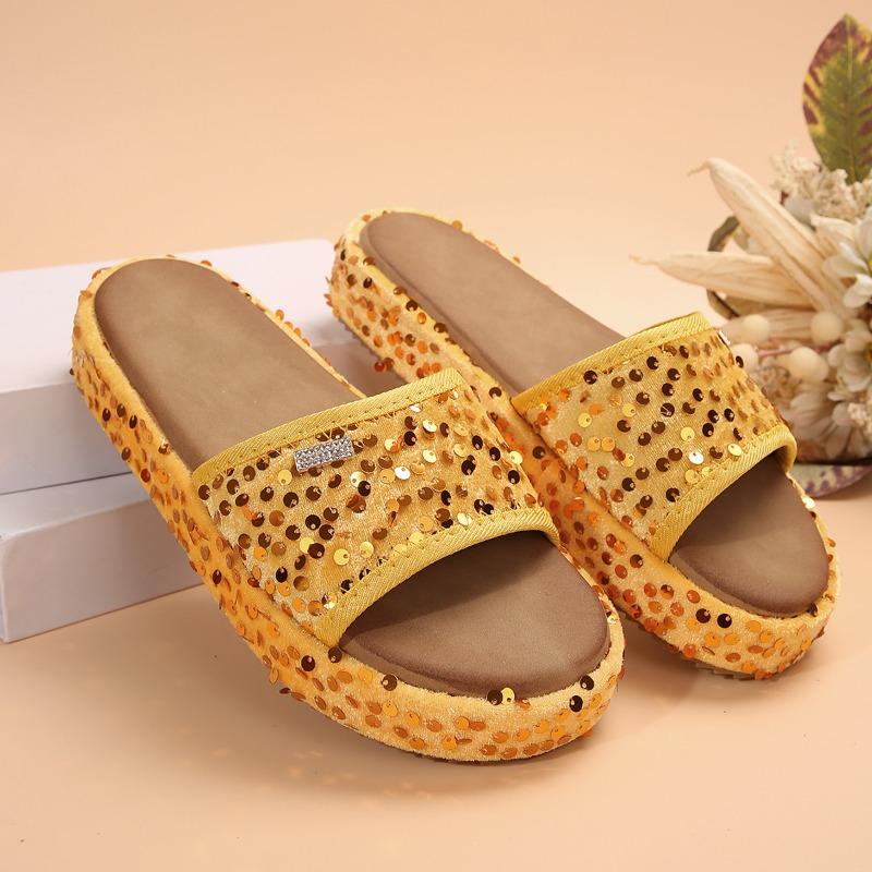 Fashion New Summer Slippers Women Fashion Round Head Open-toe Sequin Cloth Thick Soled Anti-slip Wear-resistant Sandals