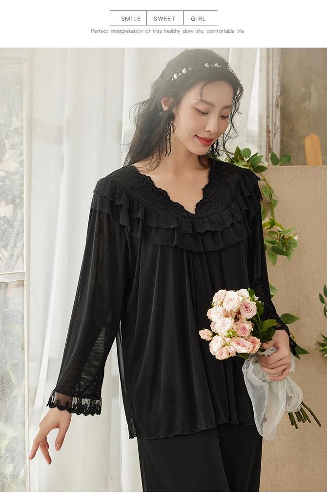 Retro Court Style Women's Nylon Mesh Home Wear Set (Long Sleeve Top and Pants)