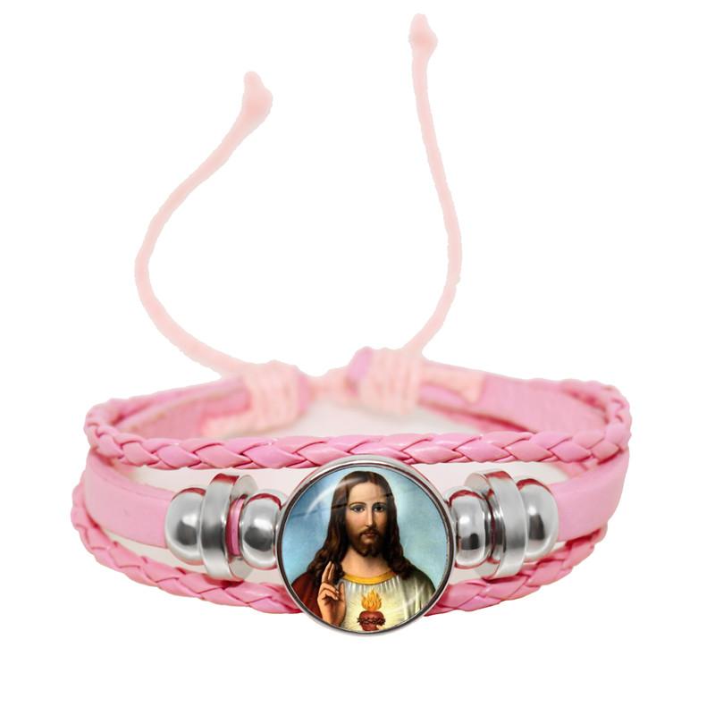 Virgin Mary Baby Jesus Christian Catholicism Jewelry Black Button Leather Bracelet Blessed Mother Religious Glass Cabochon Gift