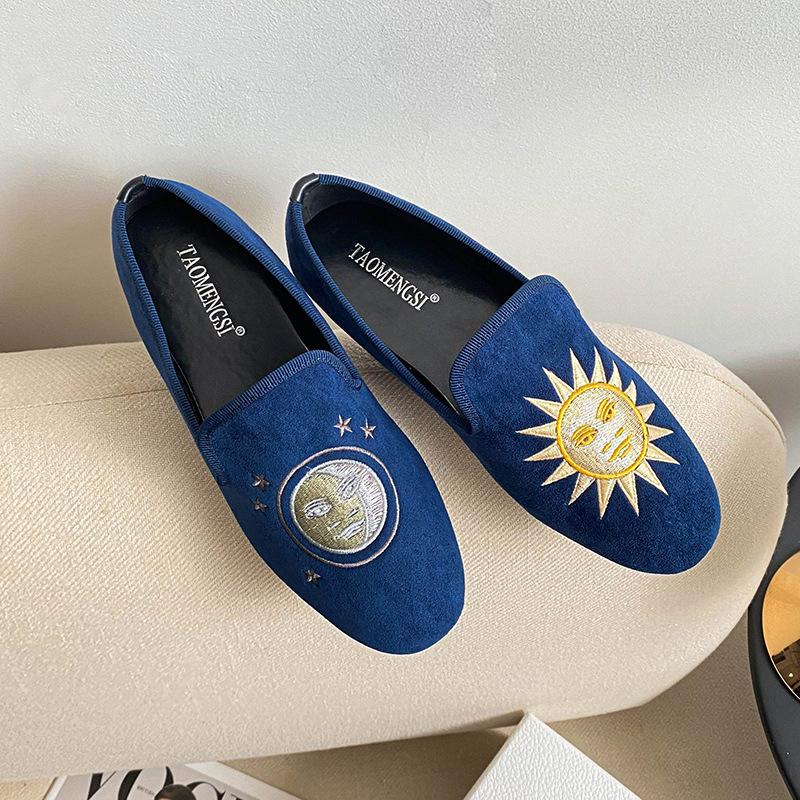 

313 женская обувь изысканная вышивка на одной педали бархатные на плоской подошве с мягкой подошвой лоферы Doudou одинарная обувь женская 39