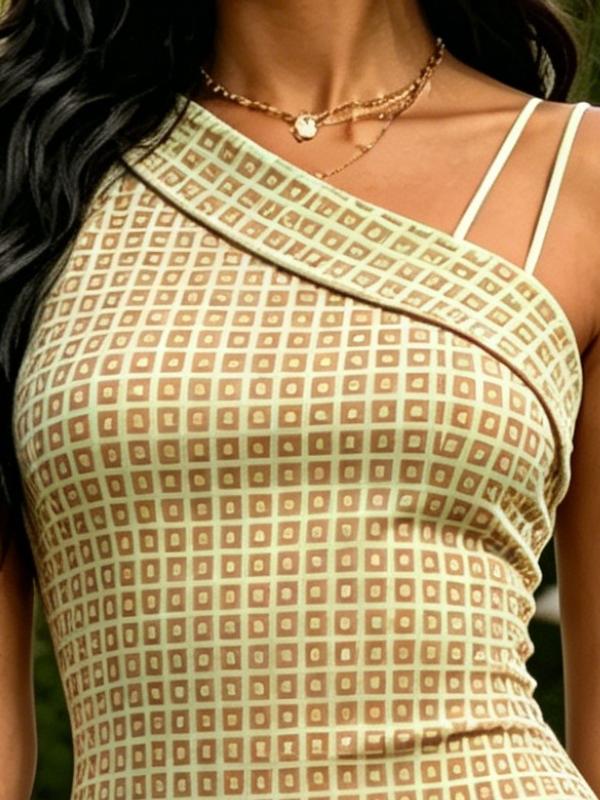 Summer Women's One Shoulder Midi Dress Polka Dot Cloud Print Light Blue Bodycon Sundress