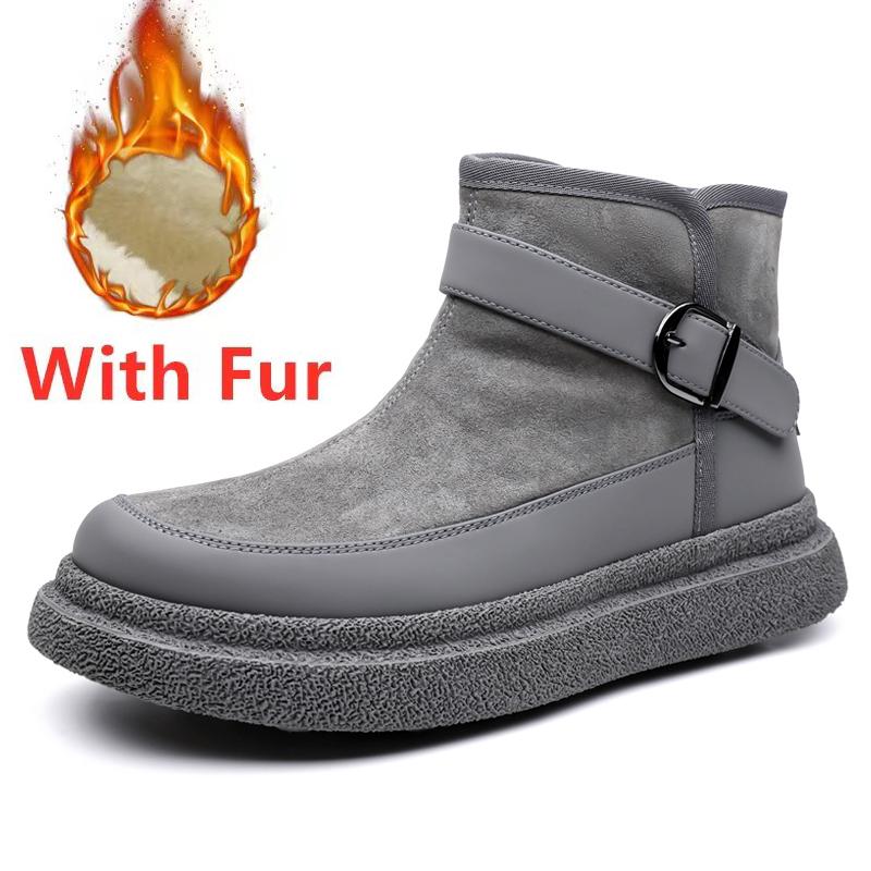 

New Trend Men Ankle Boots Genuine Leather Male Motorcycle Boots All-Match Leisure High Top Shoes Classic Winter Plush Snow Boots 38