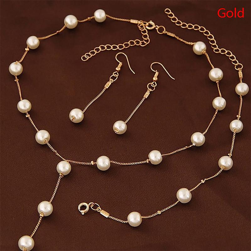 

Weddingjewelry Imitation Pearl Necklace Bracelet Earring Set Women S Accessories золотой