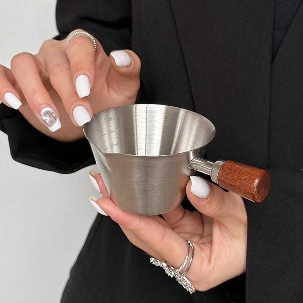 Gifts 100ML Italian Espresso Measuring Cup Stainless Steel Wooden Handle Small Milk Cups with Scale Kitchen Coffee Accessories