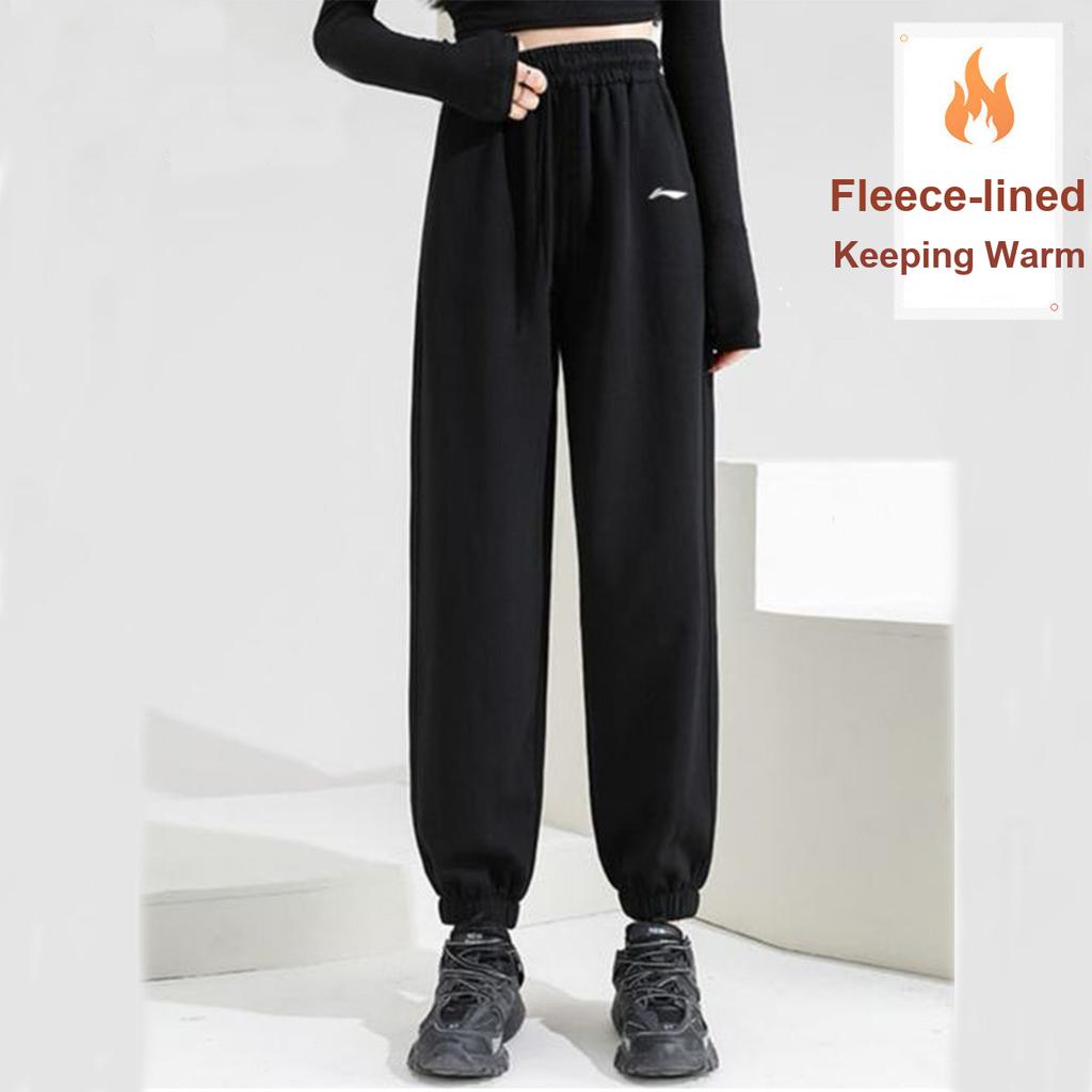 Li-Ning Solid Color Loose Mid Waist Elastic Cuff Knitted Sports Pants Women bottoms Black AKLUE34-1