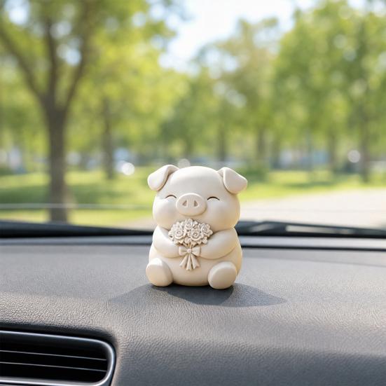 3D Printed Cute Pig Bouquet Figurine, Matte White Animal Sculpture, Smooth Decor Ornament with Rose & Bow, Stable Statue for Desktop Car Entrance