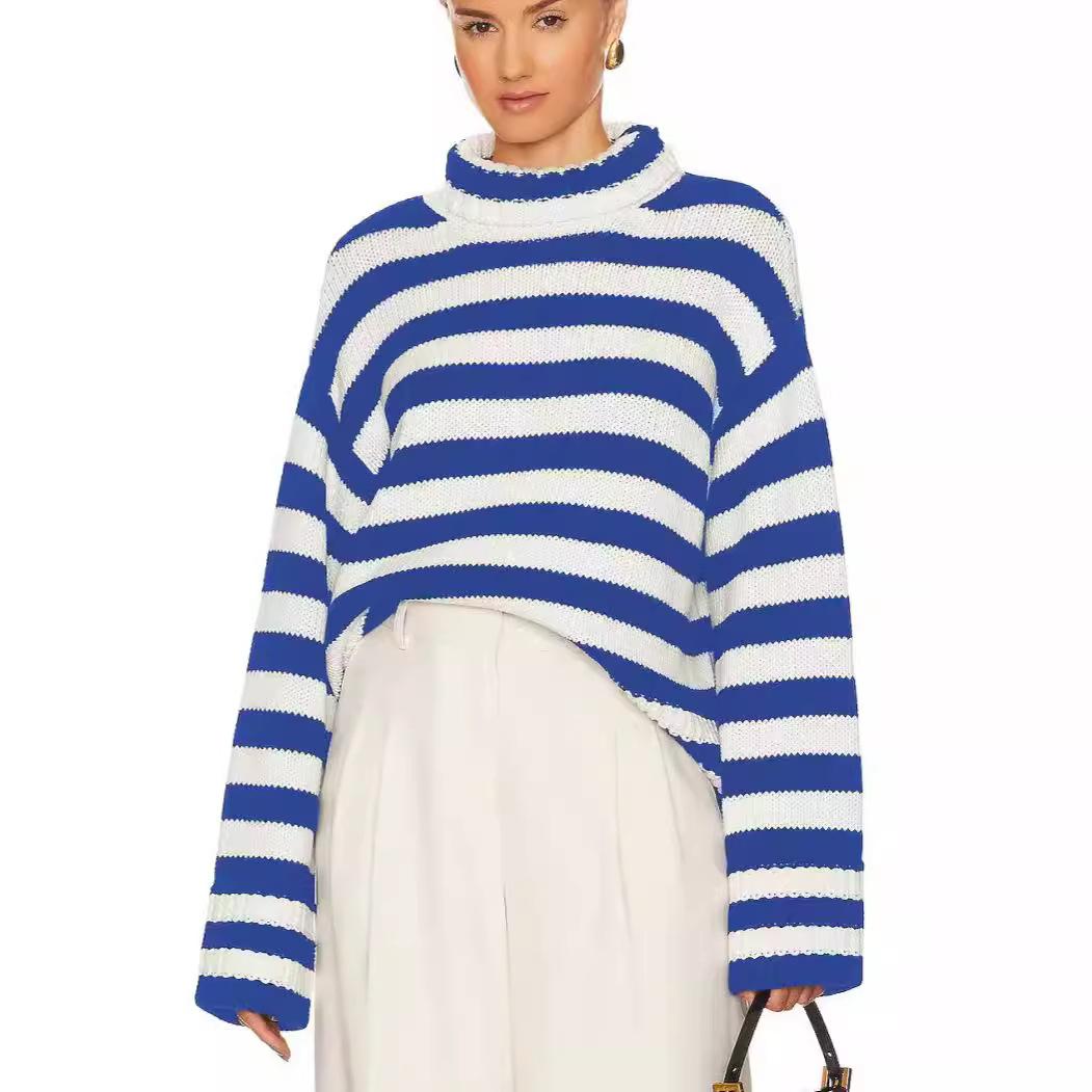 

Модный женский полосатый теплый свитер с высоким воротом, корейский повседневный универсальный свитер с длинным рукавом, новый осенне-зимний кампусный свитер XL синий