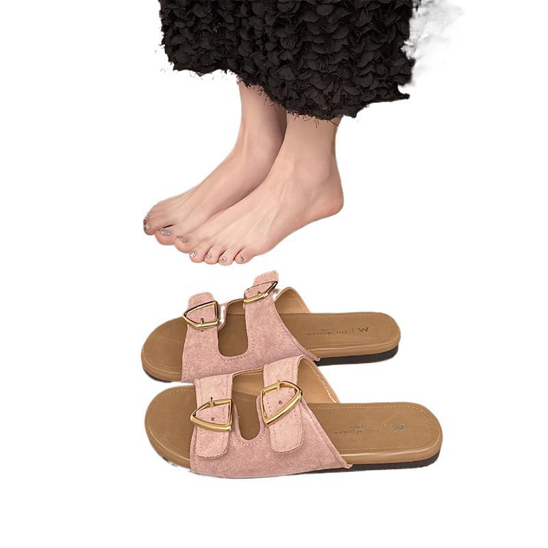 Internet celebrity flat bottom one-word shoes women's summer new flat heel soft sole casual outer wear buckle lazy versatile cool slippers